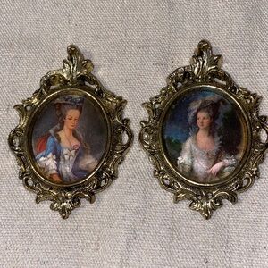 Vintage Mini Victorian Queen Marie Antoinette Metal Frame Silk Portrait Lot (2)